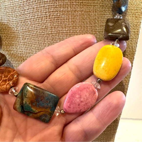 Multi Gemstone Genuine Collar Necklace in tans, browns, blue, yellow, pink - Picture 6 of 12